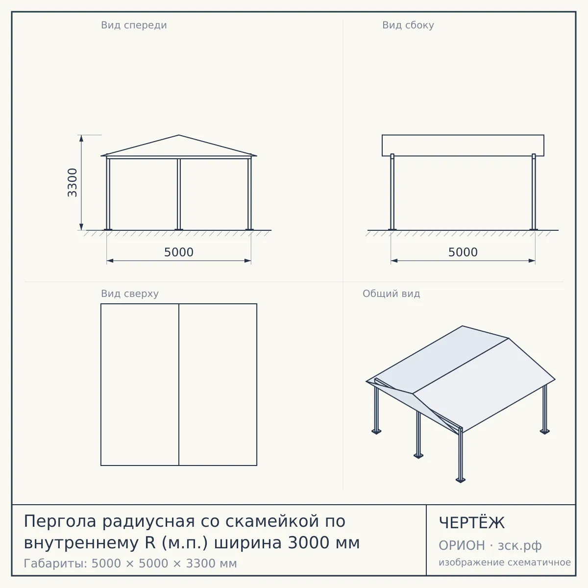 Пергола радиусная со скамейкой по внутреннему R (м.п.) ширина 3000 мм — чертёж